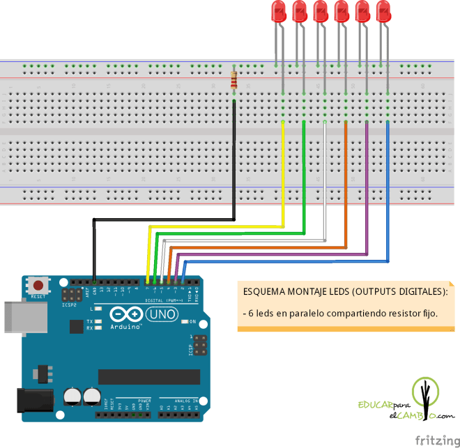 Esquema montaje arduino coche fantástico 6 leds