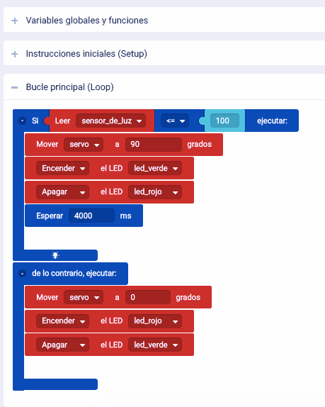 Bitbloq - Puerta automática - LDR + Leds + Servomotor 180º